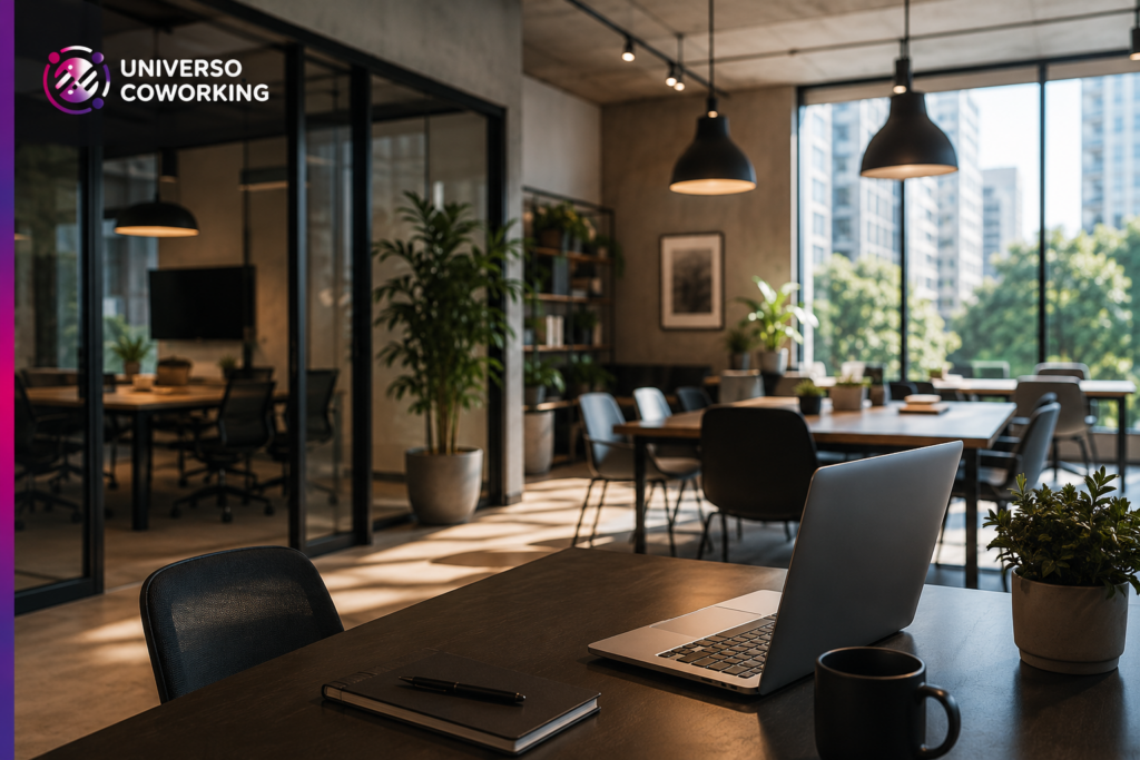 Espaço de coworking moderno com áreas de trabalho compartilhadas, salas de reunião e ambiente profissional para empresas e profissionais autônomos.