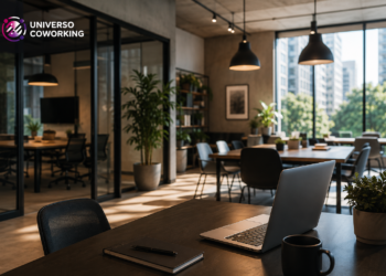 Espaço de coworking moderno com áreas de trabalho compartilhadas, salas de reunião e ambiente profissional para empresas e profissionais autônomos.