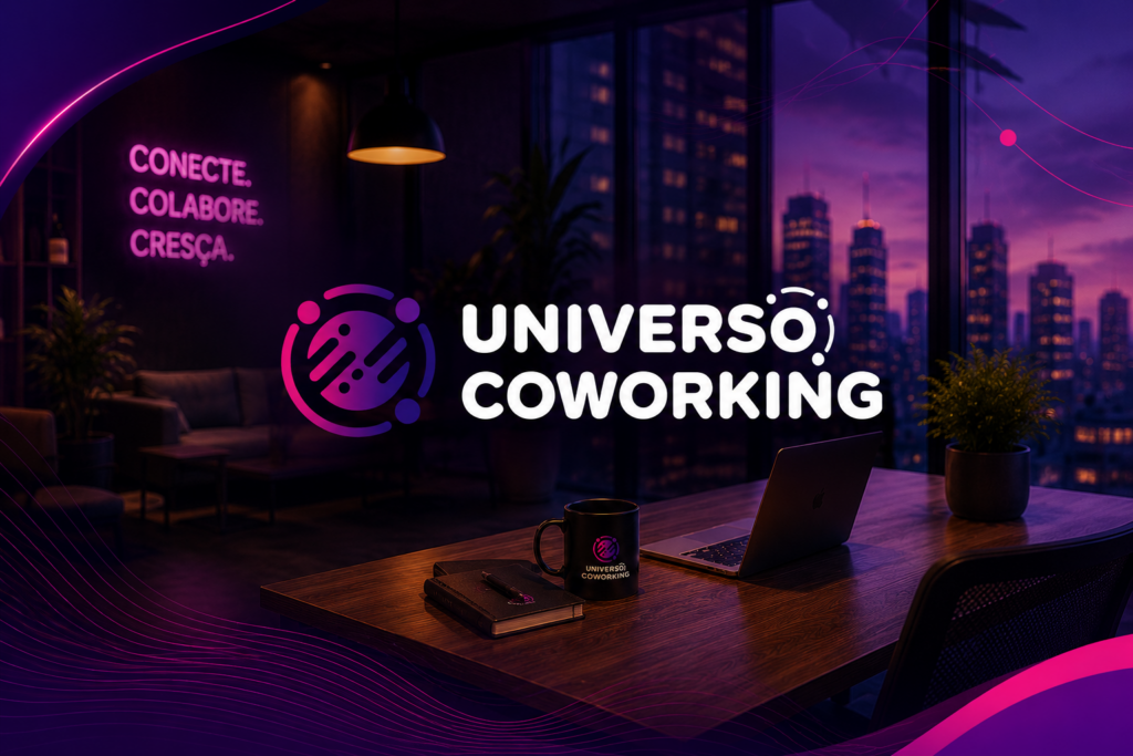 Espaço de trabalho moderno representando coworking, escritório virtual e sala comercial.