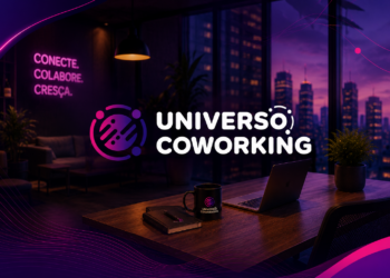Espaço de trabalho moderno representando coworking, escritório virtual e sala comercial.